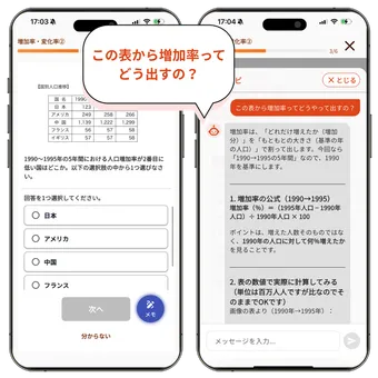 AIに表からの増加率の出し方を質問しているアプリ画面
