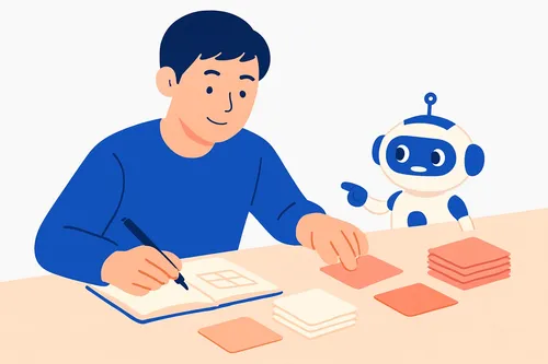テーマごとに色分けした問題カードを机に並べ、ノートに変数の表を書いて解く社会人と、順番を指し示すAIロボットのイラスト