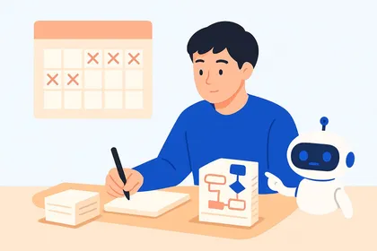 残りの日数に印を付けたカレンダーの前で、科目Aと科目Bの勉強時間を二つの山に分けて配分する社会人と、手伝うAIロボットのイラスト