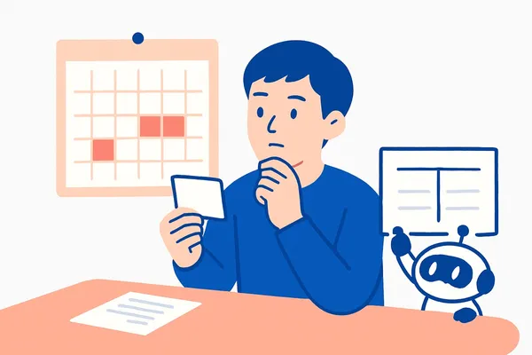 印を付けた年末のカレンダーと手元のカードを見比べて受験日を考える学生と、隣で表を指し示すAIロボットのイラスト