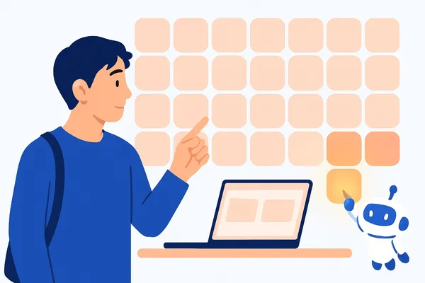 年末の最後の日付が光る大きなカレンダーを指さして受験日を確認する社会人と、最終日を示すAIロボットのイラスト