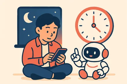 SCOAの受検前夜、数理の解き方の型をスマホで確認しながら手を動かす就活生と、隣で落ち着いて伴走する赤色のAIロボットのイラスト