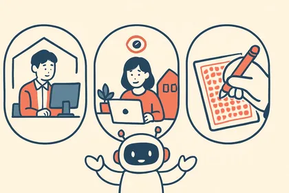 SCOAの受験方式（テストセンター会場・OLTC・マークシート・Web方式）の違いを比較する就活生とAIロボットのイラスト