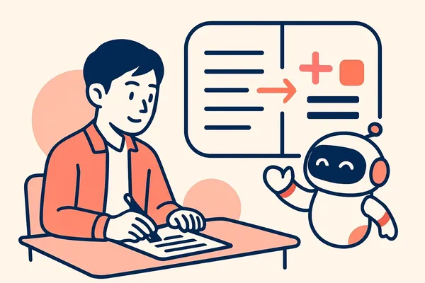 方程式と不等式の練習問題を、求めたいものをxとおいて日本語を式に翻訳しながら解いていく就活生と、立式の手順をサポートするAIロボットのイラスト