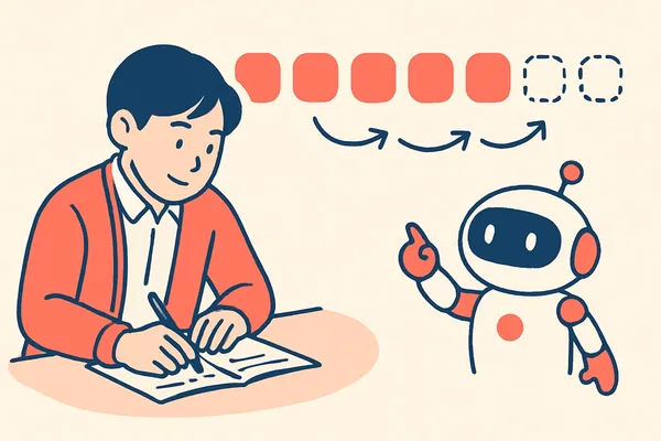 並んだ数字の下に隣どうしの差を書き出しながらSCOAの数列の練習問題を解く就活生と、規則性の見つけ方をサポートするAIロボットのイラスト