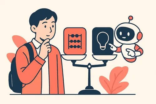 SCOAとSPIの公式サイトの記述を比較表で見比べる就活生と、案内する赤色のAIロボットのイラスト