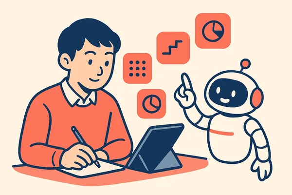 SCOAの数理（非言語）の例題を、数列・方程式・濃度算の型ごとに解いていく就活生と、解き方をサポートするAIロボットのイラスト