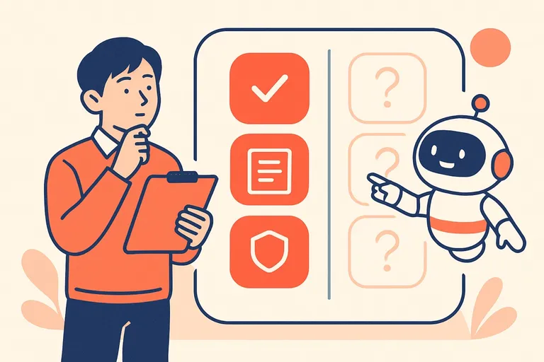 SCOAの5つの検査と出題内容を地図のように整理し、公式情報と通説を仕分ける就活生と、案内するAIロボットのイラスト