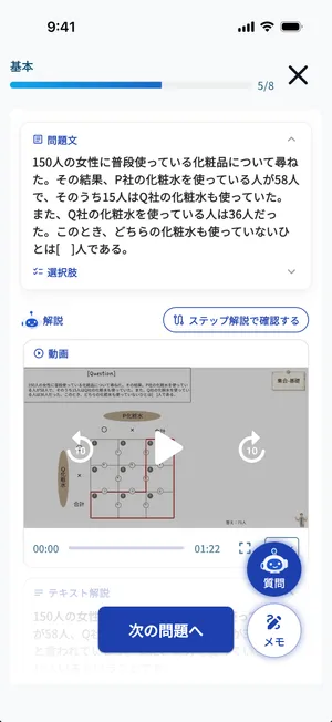 問題文と動画解説が並ぶ問題画面