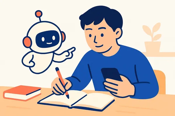 ノートに自分で書き込みながらSPIの問題を解く就活生と、横から解き方を指差して説明するAIロボットのイラスト