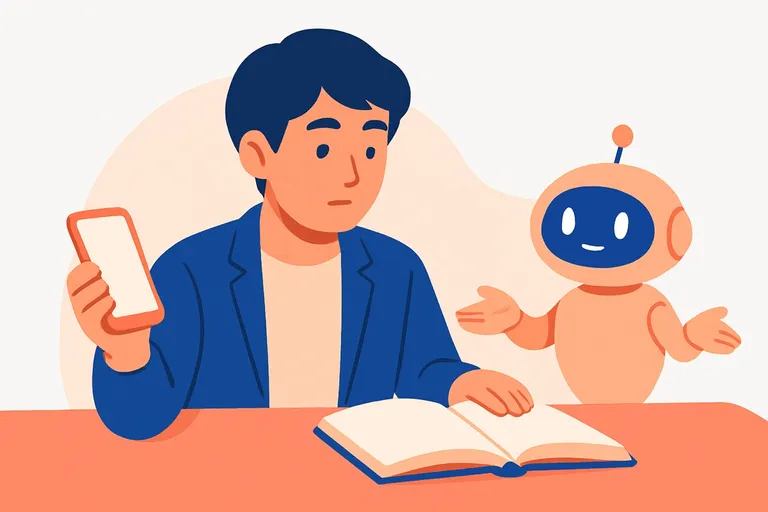 スマホのSPI対策アプリと参考書を見比べ、どちらで進めるか検討する大学生と、隣で中立に助言するAIロボットのイラスト