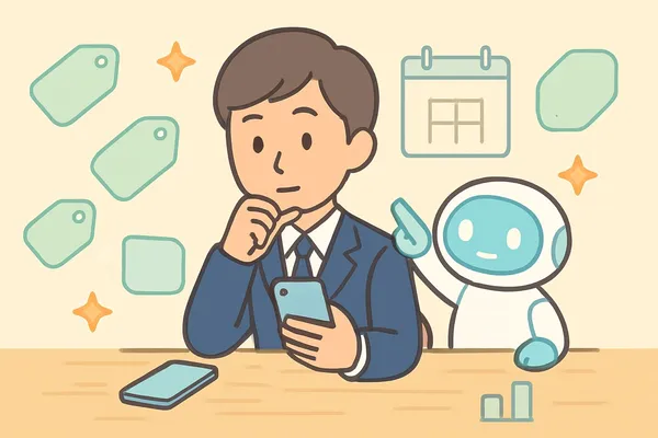 SPI対策アプリの価格と評価をスマホのストア画面で見比べ、無料の範囲を確認する就活生と、隣で数字の読み方を説明するAIロボットのイラスト