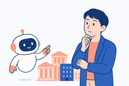 業界ごとに高さの違うビルを前に、SPIのボーダーの目安を考える就活生と案内役のAIロボットのイラスト