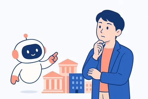 業界ごとに高さの違うビルを前に、SPIのボーダーの目安を考える就活生と案内役のAIロボットのイラスト