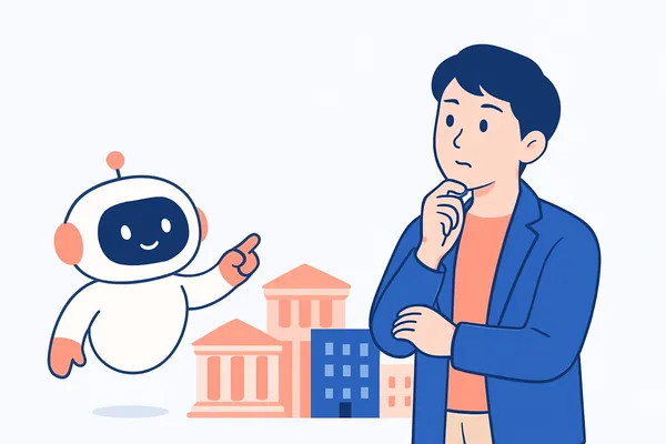業界ごとに高さの違うビルを前に、SPIのボーダーの目安を考える就活生と案内役のAIロボットのイラスト