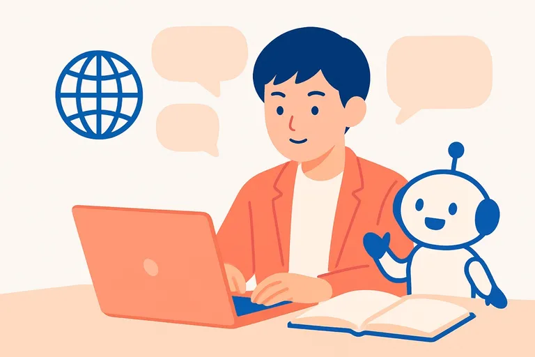 SPIの英語能力検査（ENG）の同意語・空欄補充・長文読解の問題に取り組む就活生と、英語学習をサポートするAIロボットのイラスト