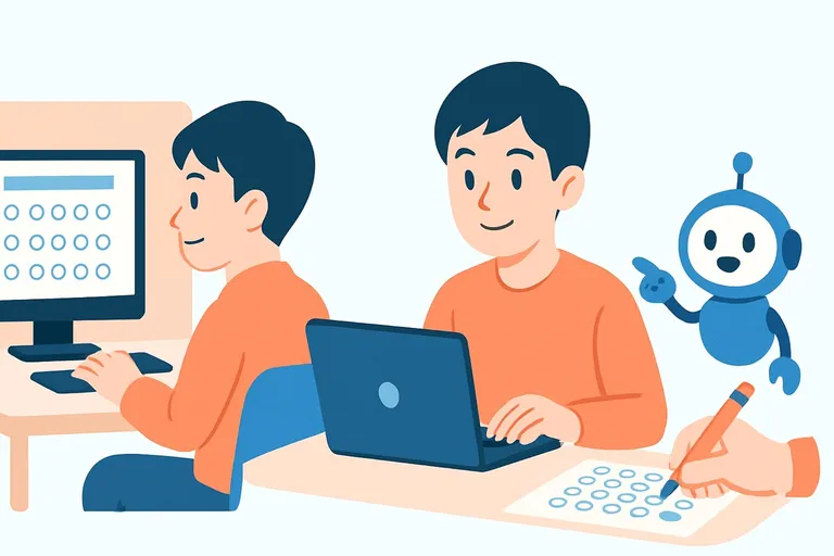 SPIの4つの受験方式（テストセンター・Webテスティング・ペーパー・インハウスCBT）を比較する就活生とAIロボットのイラスト