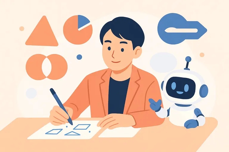 SPI非言語の頻出パターン（推論・割合・速さ・確率・集合）の例題を解く就活生と、解き方をサポートするAIロボットのイラスト