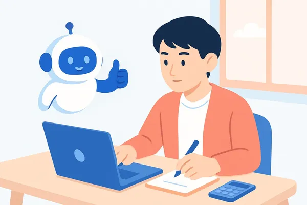 自宅のPCでSPIのWEBテスティングを受ける就活生と、隣で親指を立てて見守るAIロボットのイラスト