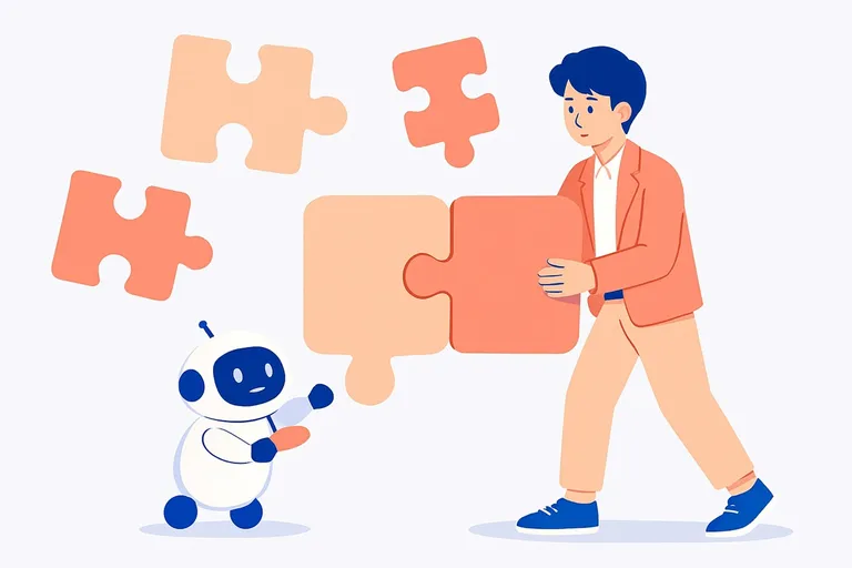 2つのパズルピースを組み合わせて1つの形を作りながら熟語の構成を考える就活生と、ピースを支えるAIロボットのイラスト