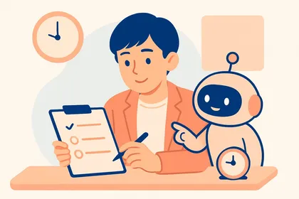 SPI受検直前で残り日数別のやることリストを確認しながら頻出パターンに集中する就活生と、隣で落ち着いて伴走するAIロボットのイラスト