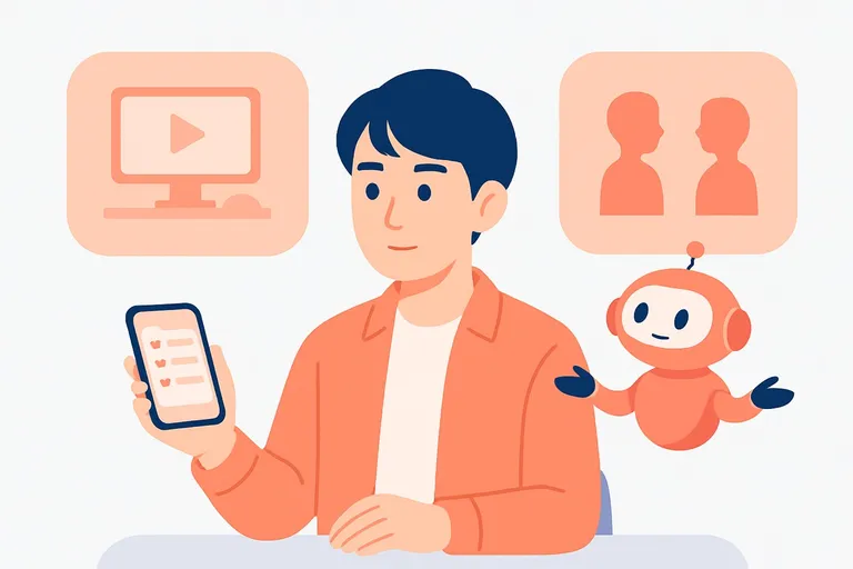 スマホアプリで性格検査の練習を試しつつ、できること・できないことを冷静に見比べる就活生と、中立にアドバイスするAIロボットのイラスト