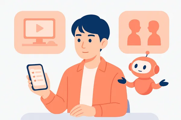 スマホアプリで性格検査の練習を試しつつ、できること・できないことを冷静に見比べる就活生と、中立にアドバイスするAIロボットのイラスト
