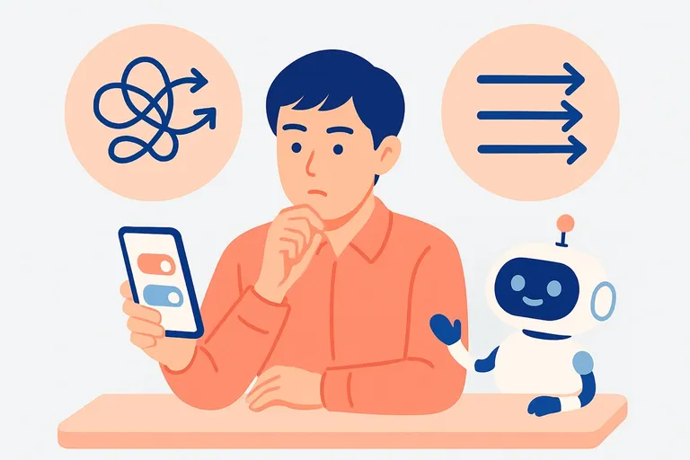 SPIの性格検査で回答に迷う就活生と、正直に一貫して答えるよう助言するAIロボットのイラスト