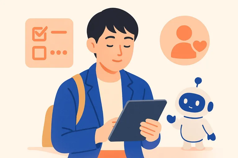 SPIの性格検査に落ち着いて回答する就活生と、自己分析をサポートするAIロボットのイラスト