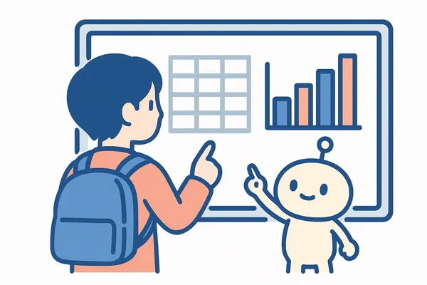 表やクロス表に数字を書き込みながらSPIの図表の読み取りの例題を解く就活生と、隣で割合や平均の計算をやさしくサポートするAIロボットのイラスト