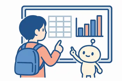 表やクロス表に数字を書き込みながらSPIの図表の読み取りの例題を解く就活生と、隣で割合や平均の計算をやさしくサポートするAIロボットのイラスト