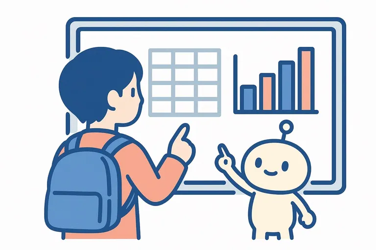 表やクロス表に数字を書き込みながらSPIの図表の読み取りの例題を解く就活生と、隣で割合や平均の計算をやさしくサポートするAIロボットのイラスト