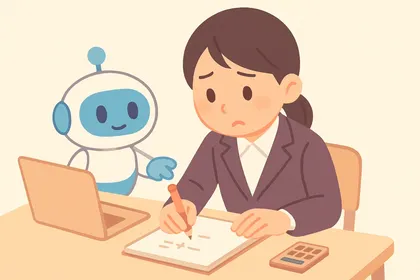 等式の x を求める計算をメモに書き出して解く就活生と、隣で計算の順番をアドバイスするAIロボットのイラスト