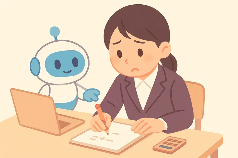 等式の x を求める計算をメモに書き出して解く就活生と、隣で計算の順番をアドバイスするAIロボットのイラスト