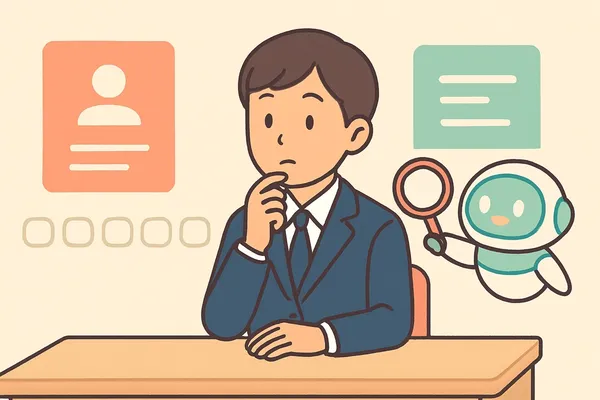 条件アと条件イのカードを見比べ、答えが1つに絞れるかをA〜Eの5択で判定している就活生とAIロボットのイラスト