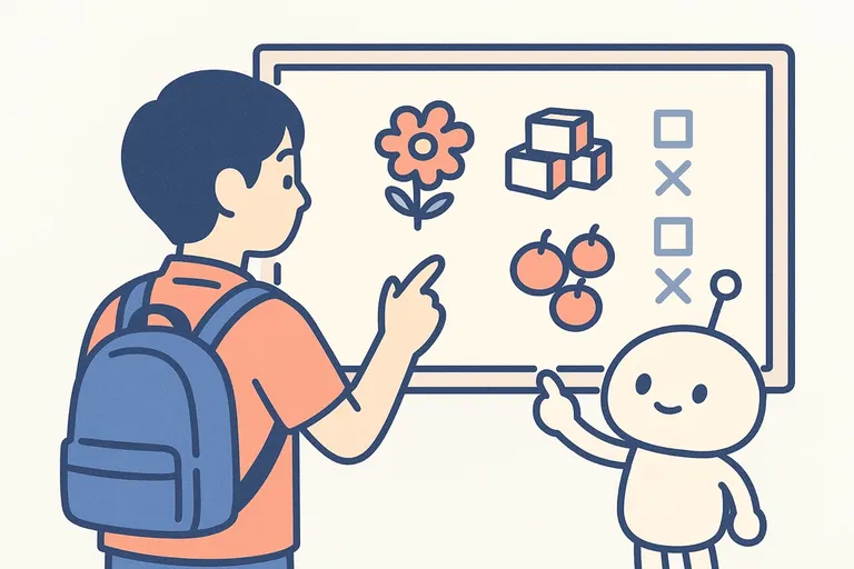 机の上で花束や切手の個数を書き出しながらSPIの整数の推測の例題に取り組む就活生と、隣で候補の絞り込み方をやさしくヒントとして示すAIロボットのイラスト