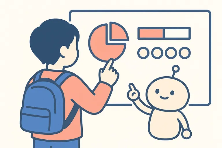 ノートに「全体の◯%のうち△%」という割合の式や頭金と分割払いの図を書き込みながらSPIの割合の練習問題を解く就活生と、隣で検算のヒントを出すAIロボットのイラスト