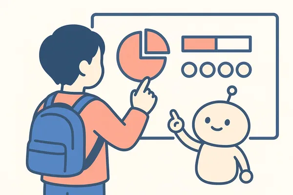 ノートに「全体の◯%のうち△%」という割合の式や頭金と分割払いの図を書き込みながらSPIの割合の練習問題を解く就活生と、隣で検算のヒントを出すAIロボットのイラスト