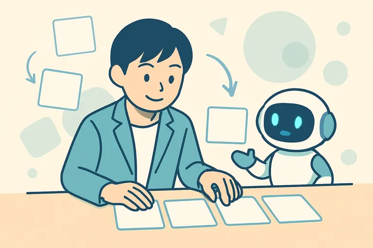 SPIの文の並べ替え問題を、A〜Dの文節カードを机に並べて文末から順に当てはめながら解く就活生と、隣で並び順のヒントを出すAIロボットのイラスト