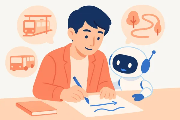駅やジョギングコース、バスの場面で速さの問題を式に書き出して解く就活生とAIロボットのイラスト