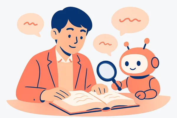 誤用しやすい慣用句と意味の近い熟語の使い分けを、辞書とメモで確かめる就活生と、本来の意味を指し示すAIロボットのイラスト
