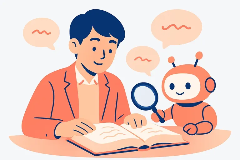 誤用しやすい慣用句と意味の近い熟語の使い分けを、辞書とメモで確かめる就活生と、本来の意味を指し示すAIロボットのイラスト