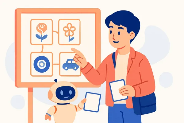 バラやチーズなどの絵カードを「一種」「一部」などの関係ごとに分類して二語の関係を練習する就活生と、ヒントを出すAIロボットのイラスト