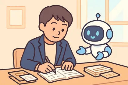 ノートに全体の仕事量を1と置いた分数の式を書きながらSPIの仕事算を解く就活生と、隣で解き方のヒントを出すAIロボットのイラスト
