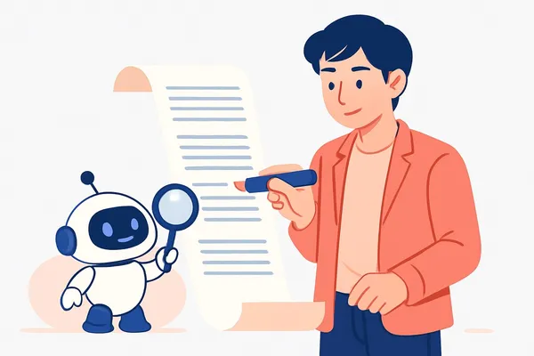 長い文書にマーカーで根拠の線を引きながら読解問題を解く就活生と、虫めがねで本文を確認するAIロボットのイラスト