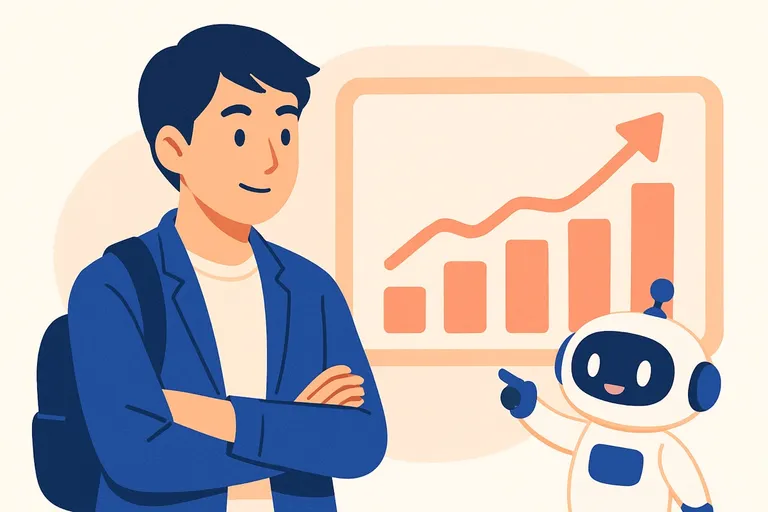 SPIの点数とボーダーの考え方を確認する就活生と、グラフでサポートするAIロボットのイラスト