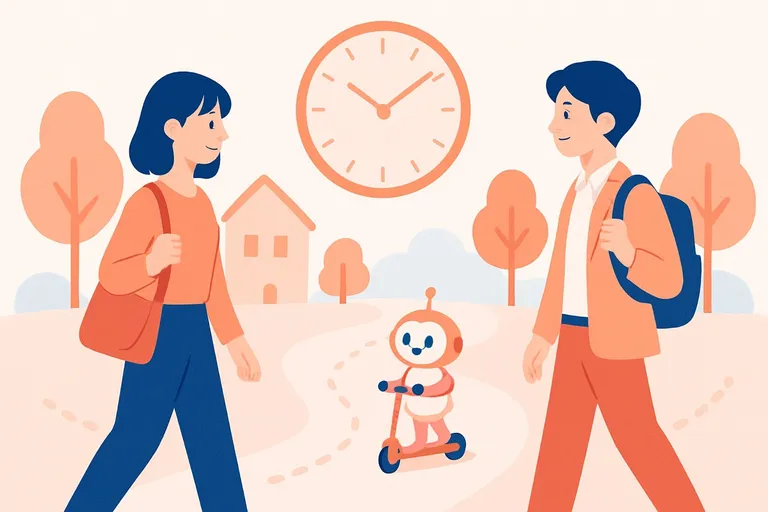 道の両端から歩いて向かい合う2人と時計を使って、速さの問題を整理して解く就活生とAIロボットのイラスト