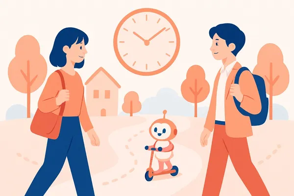道の両端から歩いて向かい合う2人と時計を使って、速さの問題を整理して解く就活生とAIロボットのイラスト