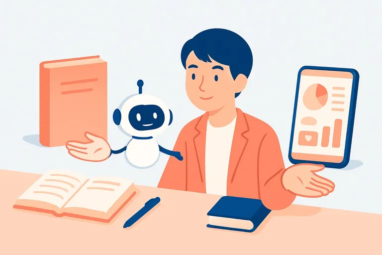 紙の参考書とスマホの学習アプリを並べて、SPI対策の手段を中立に比較する就活生と、両方を案内するAIロボットのイラスト