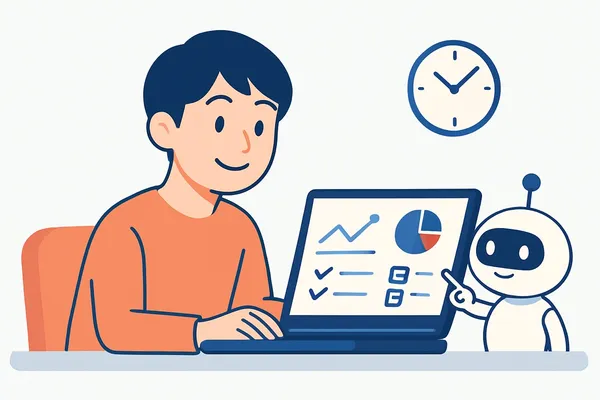 SPI（適性検査）をノートパソコンで学ぶ就活生と、隣でサポートするAIロボットのイラスト